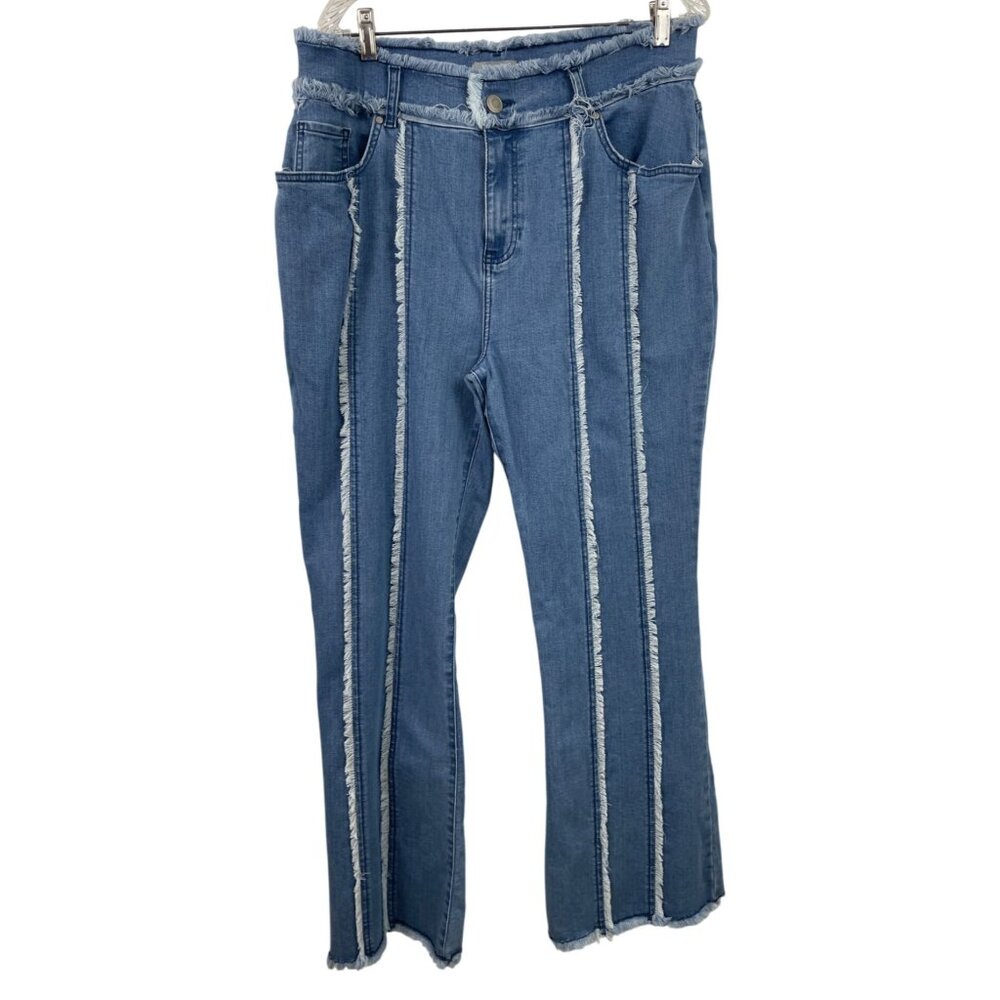 K. Jordan Womens Size 18R Fray Seam Flare Blue Denim Jeans